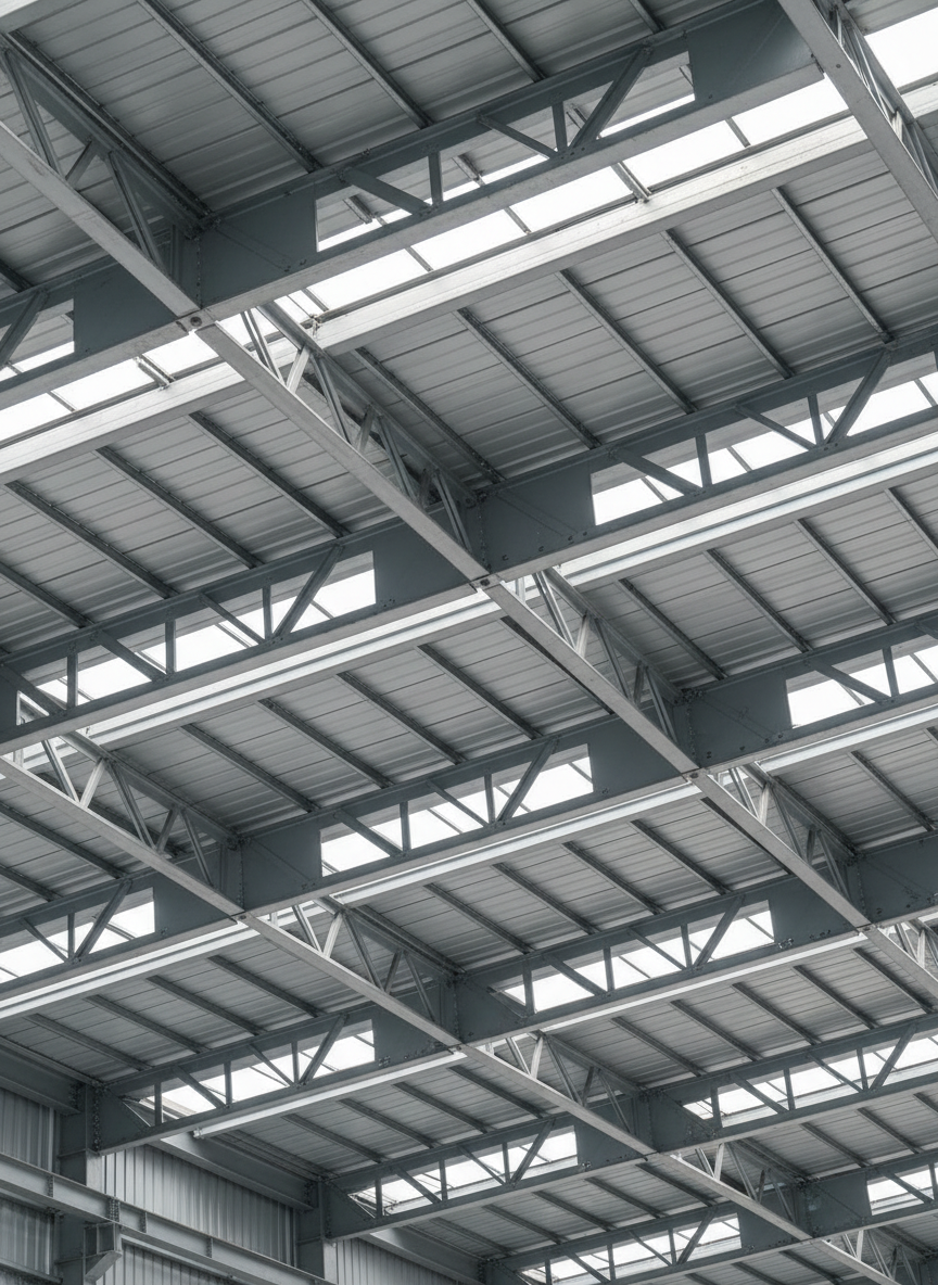 A detailed close-up of a complex steel truss roof system for an industrial warehouse, with interlocking beams, gusset plates, and meticulously executed welds, all finished in light grey protective coating. The structure spans across the frame overhead, with the corrugated metal roof panels visible between the trusses. Diffused daylight filters through translucent roof sections, providing soft, even lighting that reveals every bolt, joint, and connection without harsh contrast. Shot from a slightly low, wide-angle perspective, the image emphasizes depth and rhythm in the repeating structural elements. The mood is technical and precise, captured in high-clarity photographic realism to highlight engineering quality and robustness of large-scale metal frameworks.