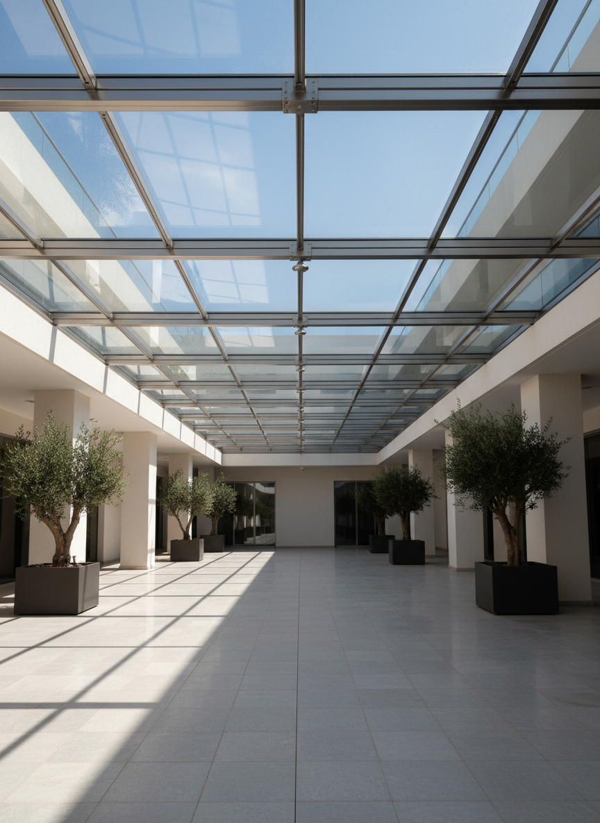 A refined glass roof canopy supported by slender, carefully welded steel and inox profiles, extending over a polished stone terrace of a Moroccan commercial building. The transparent glass panels are secured with precise metallic fittings, and you can see the subtle reflections of a blue sky and nearby architecture on their surface. Sunlight filters through the glass, casting soft, linear shadows of the metal framework onto the ground below. The image is captured from a low-angle perspective, emphasizing the sophistication and structural integrity of the metalwork. The mood is bright, open, and modern, with photographic realism that highlights the clarity of glass, the sheen of stainless steel, and the precision of each joint and bracket.