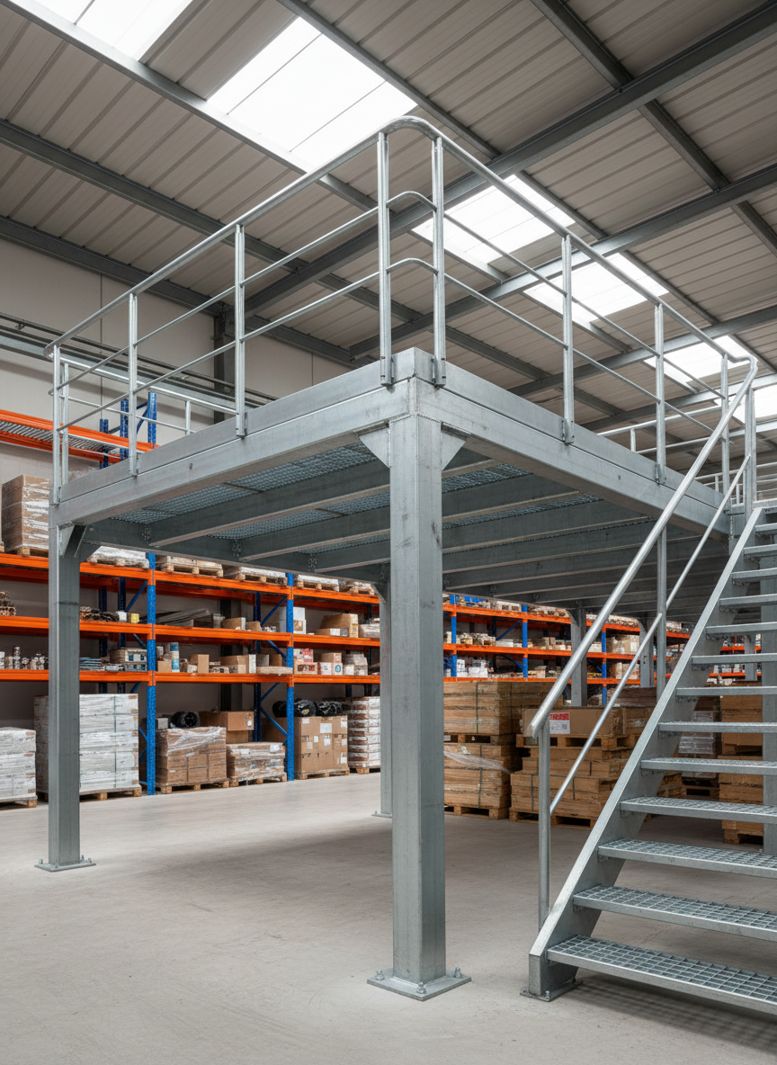 A lightweight yet robust metal mezzanine structure fabricated from galvanized steel, featuring grated flooring, tubular guardrails, and reinforced support columns, installed in a Moroccan warehouse interior. The neutral grey metal contrasts with stacked pallets and industrial shelving in the background. Skylights in the ceiling allow soft natural daylight to spill in, creating a mix of gentle top lighting and subtle shadows under the mezzanine deck. Photographed from a three-quarter angle at mid-height, the image emphasizes the structural details of connections, bolts, and welds while maintaining depth and context. The mood is efficient and industrial, rendered in clean, precise photographic realism to highlight the strength, safety, and practicality of custom metal structures for professional environments.
