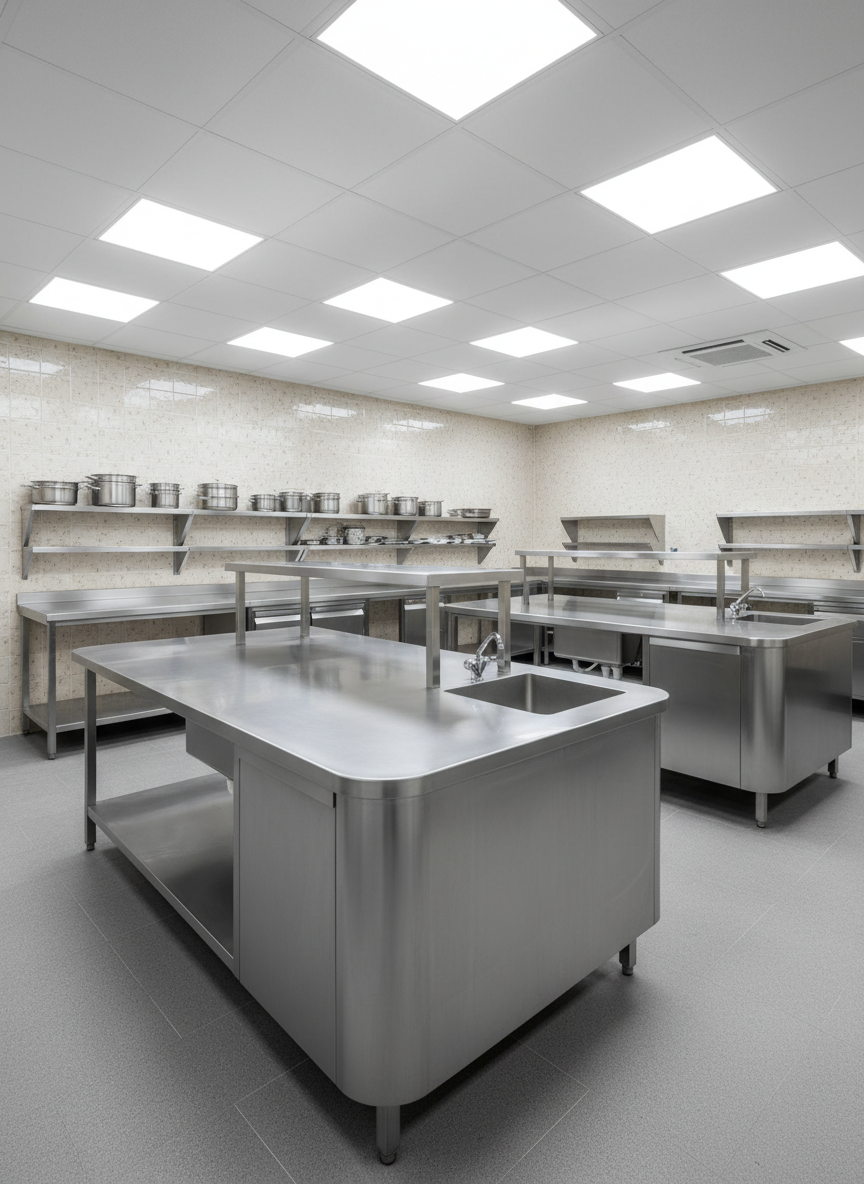 A professional stainless-steel kitchen installation, featuring large industrial worktables, wall-mounted shelves, and integrated sinks, all in brushed inox with seamless joints and rounded edges. The equipment is arranged in a spacious, impeccably clean Moroccan commercial kitchen with light-colored tiled walls and a non-slip grey floor. Bright, even overhead LED lighting creates uniform illumination, producing crisp reflections and subtle gradients across the metal surfaces while avoiding harsh glare. Captured from a slightly elevated angle, the entire layout is visible in sharp focus, showcasing ergonomic design and efficient use of space. The atmosphere is hygienic, orderly, and highly professional, with photographic realism underscoring the durability, precision, and quality of the stainless-steel fabrication work.