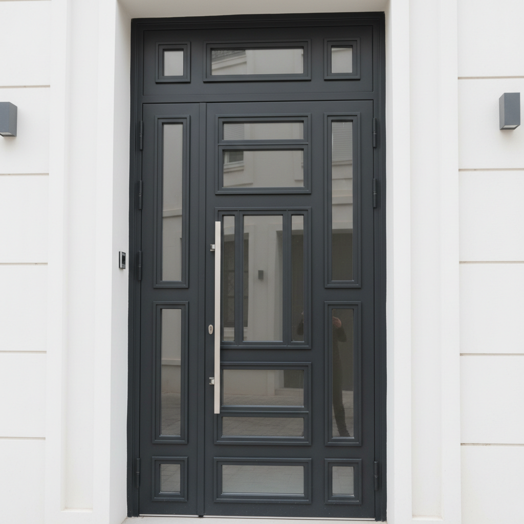 A contemporary metallic entrance door system crafted from dark powder-coated steel with precise geometric patterns and integrated glass panels, installed in a modern Moroccan commercial façade. The door’s surface reveals subtle texture and crisp edges, with a sleek inox handle reflecting its surroundings. The building exterior combines smooth white plaster walls and minimalist architectural lines. Soft, diffused daylight from an overcast sky reduces harsh reflections, revealing every detail of the craftsmanship. Shot from a slightly angled, eye-level perspective, the door is framed centrally, with sharp focus on hinges, joints, and finishes. The atmosphere is secure, elegant, and highly professional, rendered in photographic realism with a clean, modern tone suitable for showcasing premium custom metal doors.