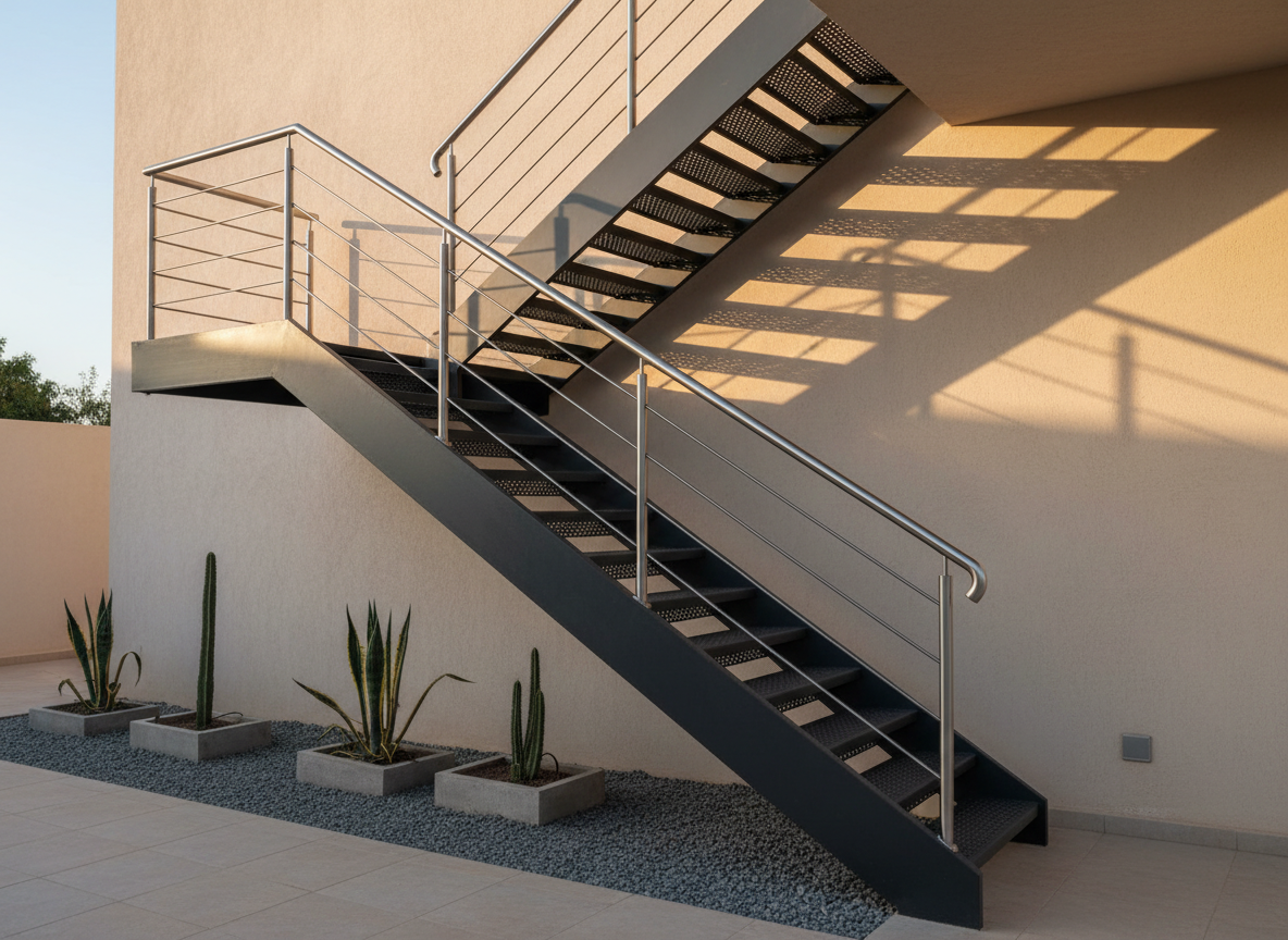 An elegant, custom-fabricated exterior staircase in dark painted steel with inox handrails and perforated metal steps, ascending along the side of a contemporary Moroccan building. The staircase is anchored to a smooth, light-colored wall, with a small landscaped area of gravel and minimalist plants at its base. Late afternoon sunlight grazes the metal surfaces, creating soft highlights on the stainless handrails and distinct shadow patterns of the steps on the wall. Captured from a low, upward angle, the composition accentuates the linear geometry and craftsmanship of the structure. The atmosphere is modern and architectural, presented in crisp photographic realism to communicate durability, safety, and refined design in metalwork.